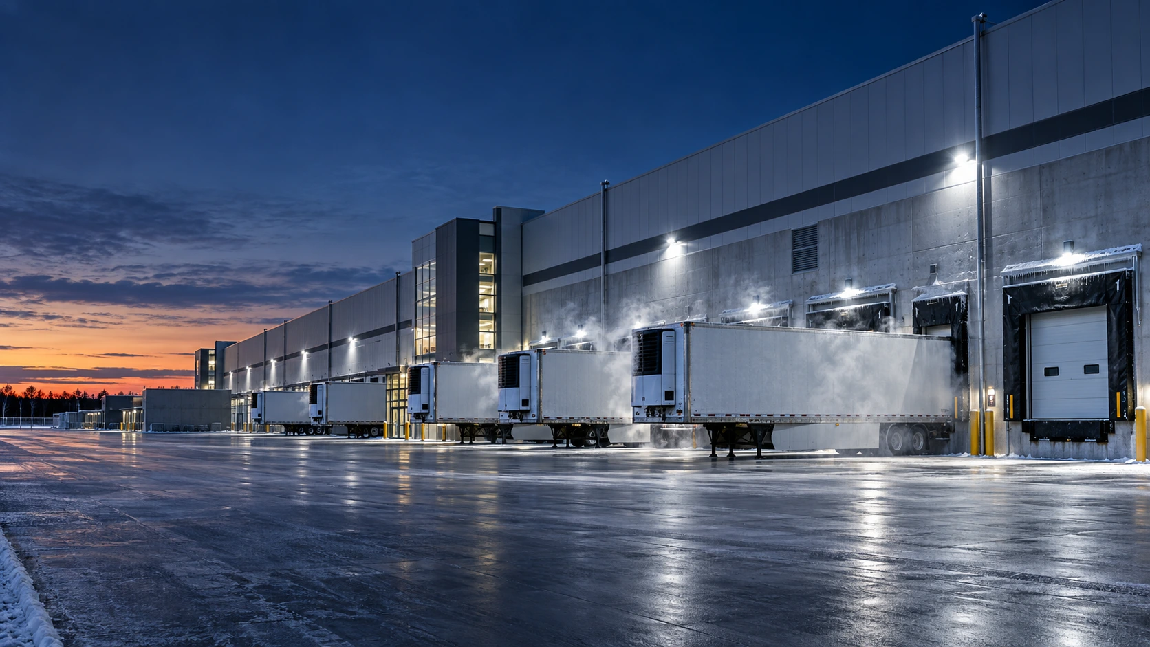 Cold storage warehouse interior with racking and refrigerated dock doors