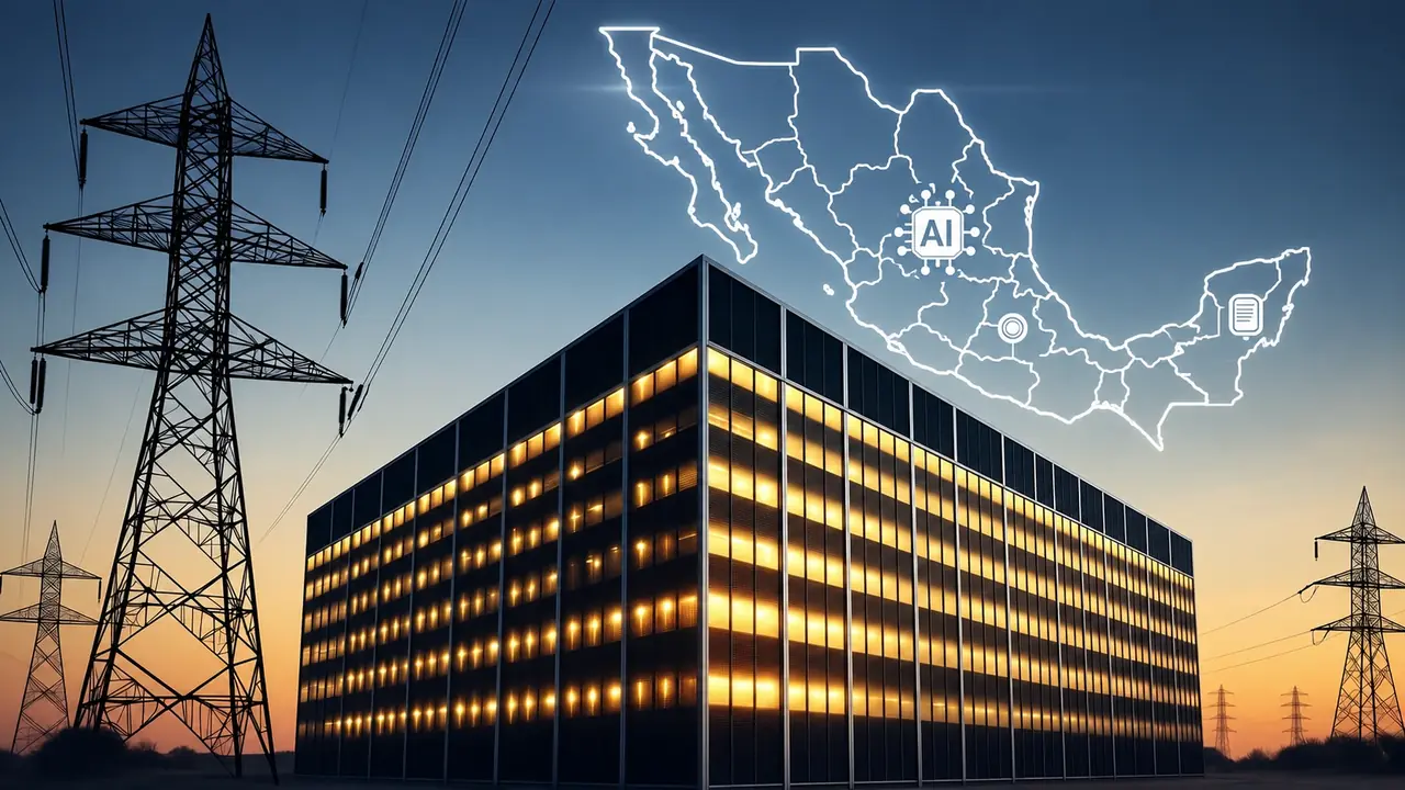 Data center lit gold at dusk beside high-voltage transmission towers, with a glowing outline of Mexico and an AI chip icon over the Bajío