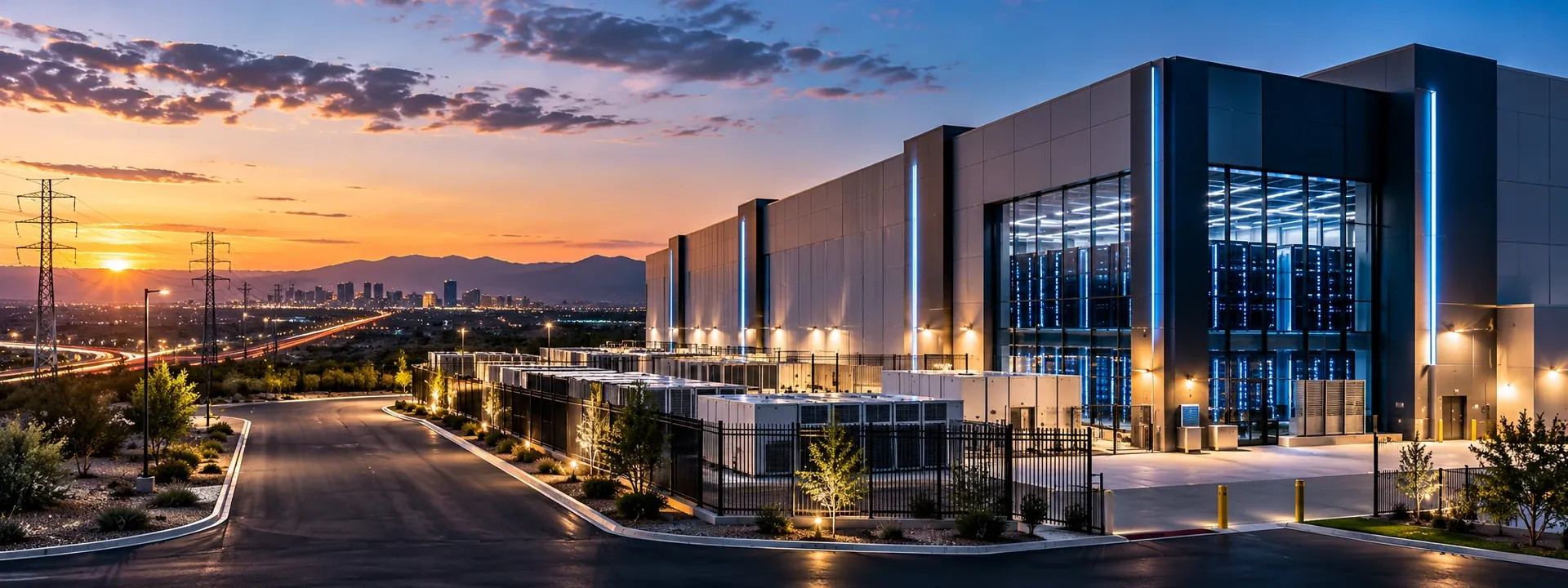 Large data center building at dusk with glass sections showing server racks and rows of cooling equipment along a secured fence line