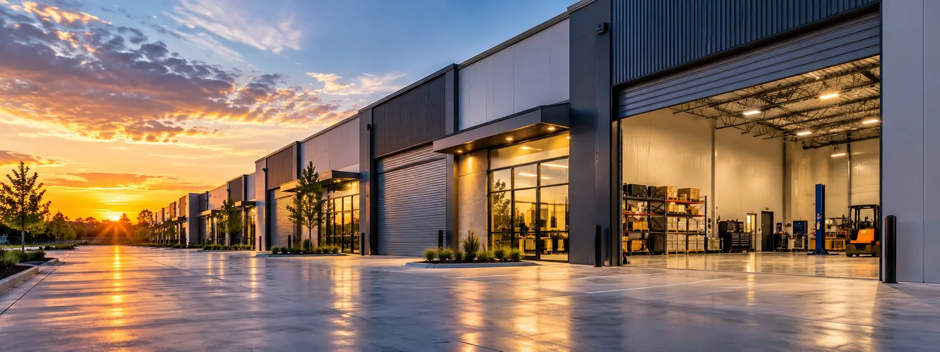 Small bay industrial unit at dusk with its overhead drive-in door open to a lit shop with racking, a vehicle lift and a forklift, beside a glass-front office